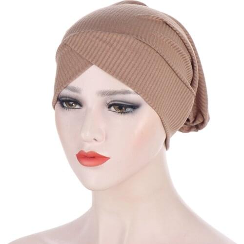 2021 New Ribbed Muslim Underscarf Bonnet For Women Cotton Inner Hijab Cap Female Forehead Cross Islamic Under Scarves Caps