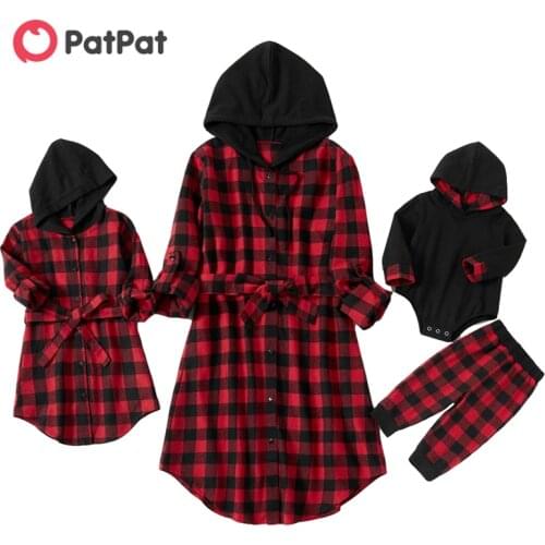 PatPat New Arrival Autumn and Spring Mommy and Me Matching Plaid Hooded Trench Coats Childrens Clothing