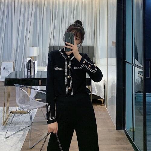 Single Breasted Knitted Sweater Cardigans + Elastic Waist Trousers Set Two Piece Tracksuit Elegant Office Outfits Vintage C982