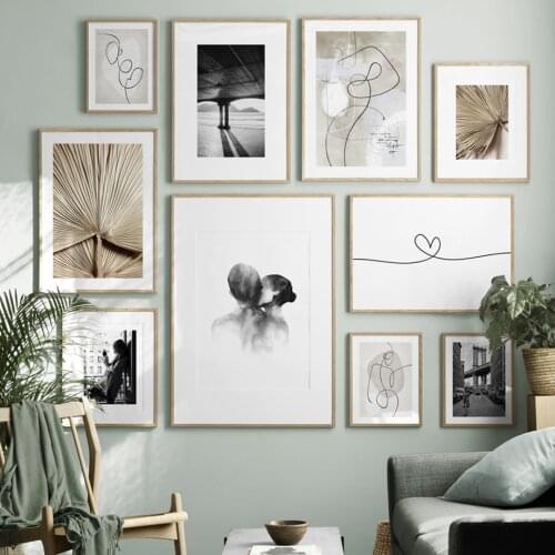 Golden Leaf Grew Line Girl Black White Nordic Posters And Prints Wall Art Canvas Painting Abstract Wall Pictures For Living Room