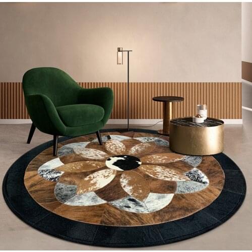 Luxury Hand Stitching Cowhide Round Carpet 100% Natural Genuine Cowhide Leather Jute Rug Custom Large Carpets American Style