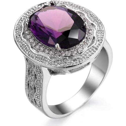 Luxury Gorgeous Women Jewelry Oval Purple Zircon Rings for Wedding Engagement Party Set Gifts Size 6 -10