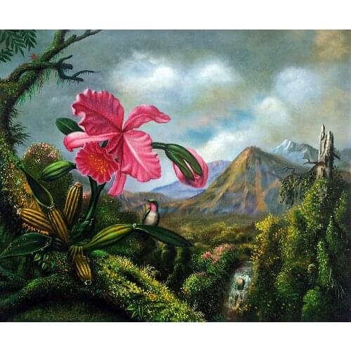 Hand Painted Flower Painting Decor Oil Painting Orchid and Hummingbird Near a Mountain Waterfall, 1902 by Martin Johnson Heade