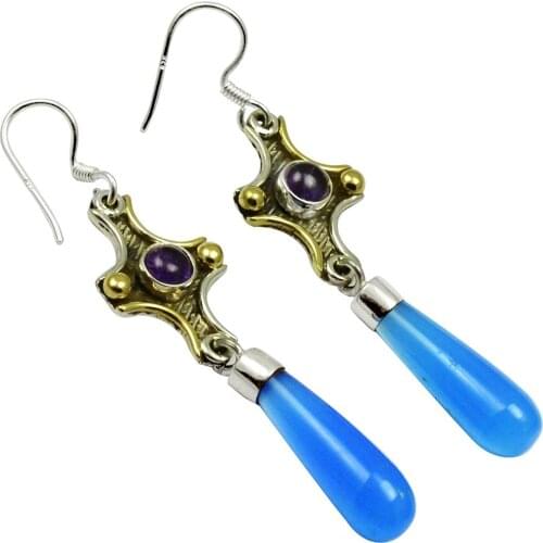 Lovegem Genuine Chalcedony & Amethyts EARRINGS 925 Sterling Silver, 59 mm, AE1950
