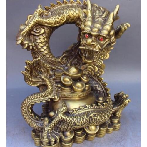 WBY 671115376++++14"Chinese Pure Bronze Wealth Yuanbao Treasure Bowl Dragon Dragons Animal Statue