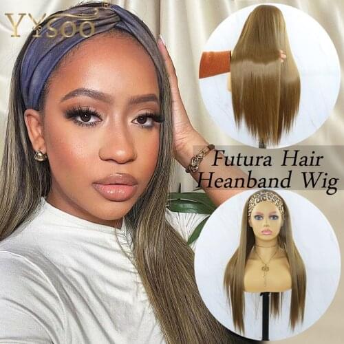 YYsoo Japan Futura Hair Synthetic Brown Wig With Headwrap Long Silky Straight Headband Wigs For Women Daily Used Wig