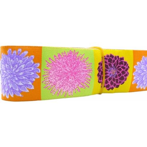 1-1/2'' 38mm Wide Purple Daisy Flower Grey Tone Woven Gittar Strap Jacquard Ribbon