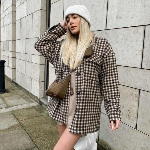 New Pop Women Jacket Checked Overshirt Chic Lady Vogue Casual Vintage Woman Oversized Coat Outfits Tops