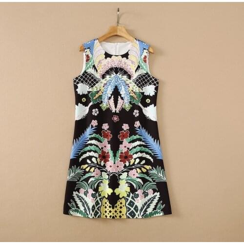 Europe and the United States womens clothing New Summer 2021 Sleeveless stud beaded round neck Fashion botanical print dress