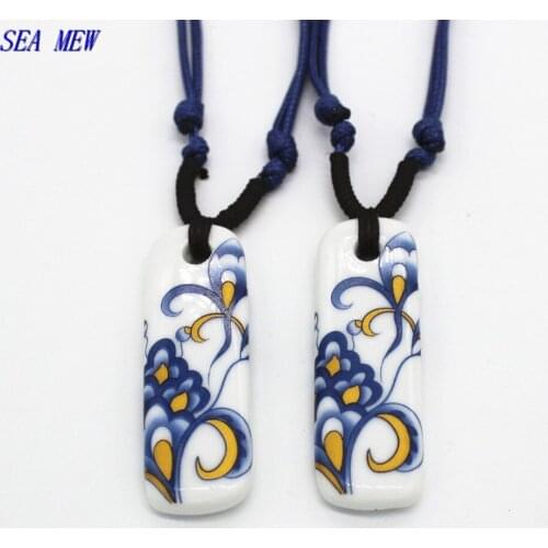 Ethnic Style Unisex Rectangle Ceramic Long Necklace Handmade Porcelain Adjustable Wax Rope Sweater Necklace For Women Men he298
