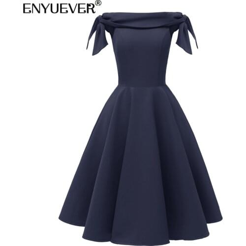 Enyuever Navy Blue Women Vintage Dress Jurken 2021 Off Shoulder Bow Sleeve Swing Robe Pin Up Elegant Short Formal Party Dress