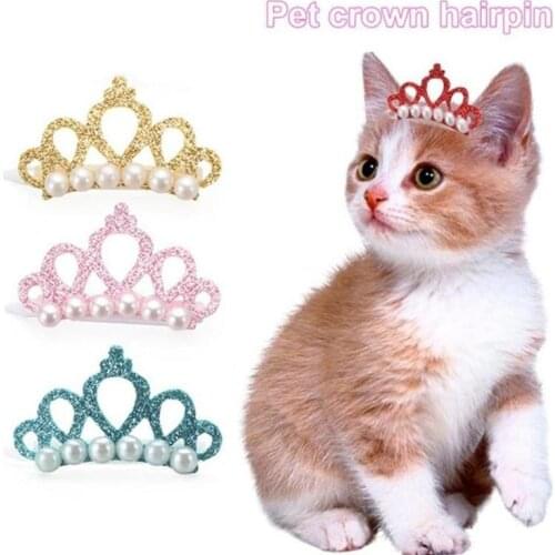 1pc Pet Products Crown Pearl Hairpin Dog Rhinestone Crown Hair Clips Kitten Puppy Pearl Hairpins Pet Grooming Cat Accessories