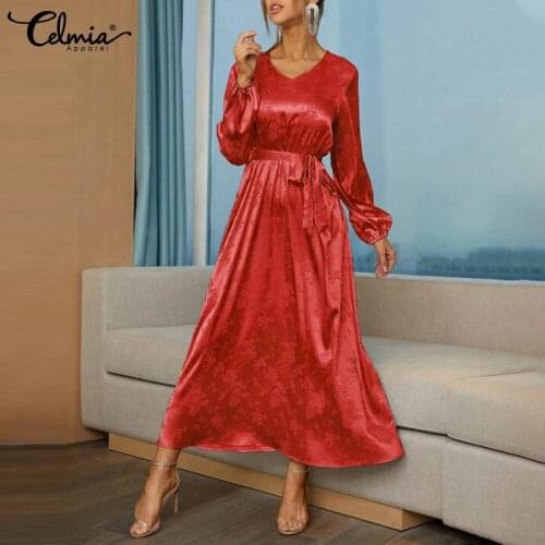 2021 Satin Jacquard Midi Dress Celmia Fashion Women Vintage V Neck Puff Long Sleeve Party Vestidos Elegant Casual Belted Robes