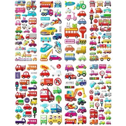 8 Different Sheets Cartoon Traffic Car DIY Stickers Toys PVC Scrapbook Children Diary Notebook Decoration Gifts Education Toy