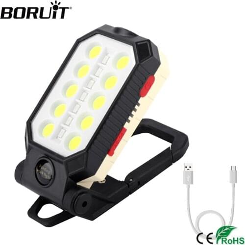 BORUiT T6 + COB LED Work Lights with Hook and Magnetic Multi-function USB Rechargeable Floodlight Portable Lantern
