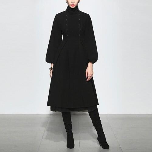 European Vintage stand collar high waist long woolen dress female temperament was thin high waist long dress F2568