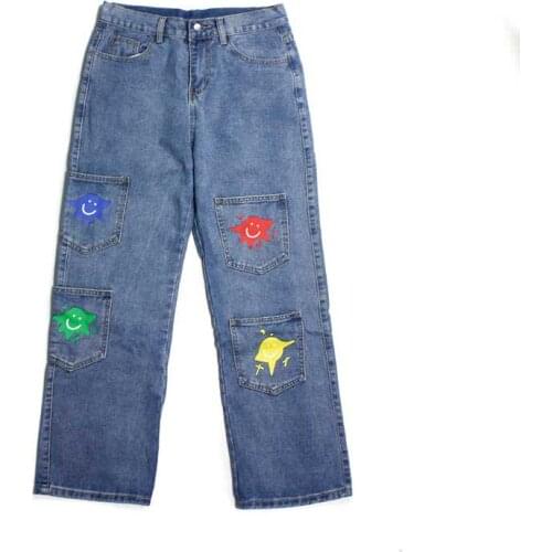 Harajuku Retro Washed Jeans Trend Street Style Graffiti Printing Straight Trousers Men And Women College Loose Casual Pants