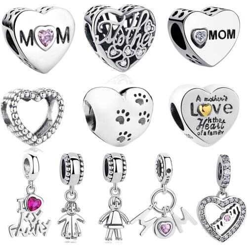 ELESHE Real 925 Sterling Silver Heart Baby Carriage Love MOM Girls Charm Beads Fit Charms Bracelet Silver 925 Jewelry Making