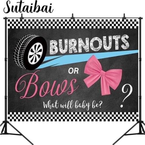 Burnouts or Bows Gender Reveal Backdrop Boy or Girl Pink or Blue He or She Baby Shower Party Banner Decoration Background