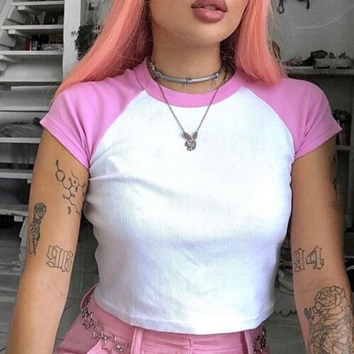 Summer Patchwork Cotton T-Shirt Women Cute Pink Sky Blue Tee Shirt Crop Top Ladies 2021 Short Tops Tee Shirt T-shirt Aesthetic