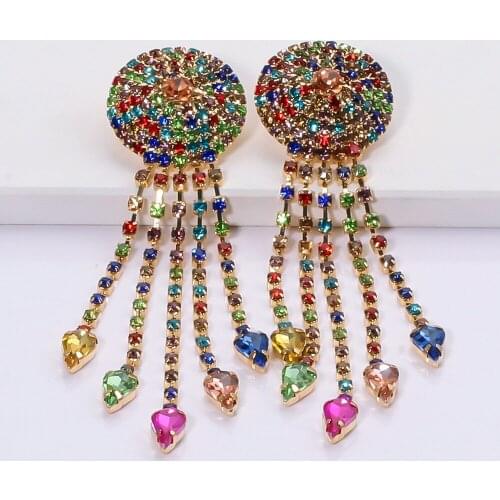 JUJIA New Arrival Colorful Rhinestone Statement Earrings For Women Female Luxury Crystal Long Drop Tassel Earrings Jewelry