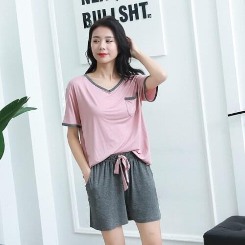 Summer Modal Pajamas Women Short Sleeve Shorts Pajama Set V-Neck Solid Sleepwear 2 Piece Sexy Nightwear Plus Size Loungewear