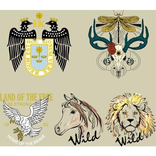 Fashion Cool Bird Sheep Lion Horse Pattern On Clothes Applique Decor Heat Transfer PVC Patch DIY Appliques Washable