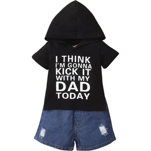 2pcs Fashionable Little Boys Outfit, Summer Toddlers Creative Short Sleeve Letter Printing Hooded Top + Denim Shorts Set