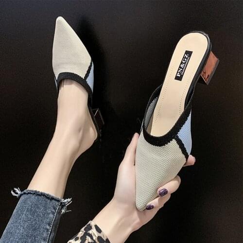 Knit Mesh Breathable High Heels Mules Slippers Pointed Toe Square Heel Summer Women Slides Fashion Mixed Colors Half Slippers