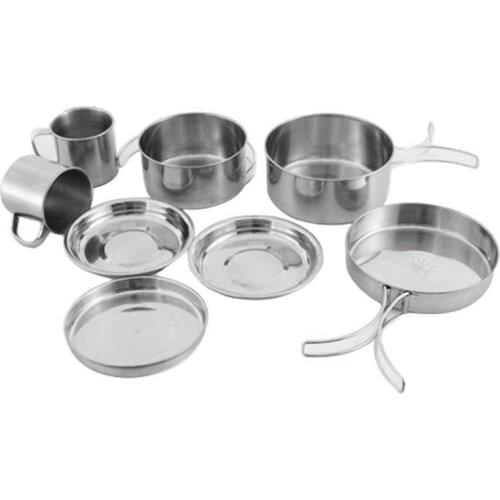 8Pcs Camping Cookware Kit Portable Outdoor Picnic Teapot Tableware Pot Frying Pan Plate Kettle Cup Set for Travel