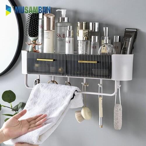 MUSAMBAN Wall-Mounted Bathroom Shelf Organizer Storage Rack Multifunction Shampoo Holder Household Bathroom Accessories Set