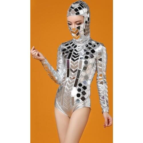 2020 New Shiny silver leather hand-stitched mirror mirror jumpsuit party nightclub bar concert DJ singer/dancer costum