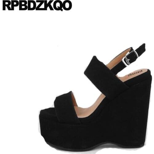 Shoes Pumps Open Toe Slingback Luxury Strap 2018 Designer Women Wedge Sandals High Heels Platform Genuine Leather Suede Black