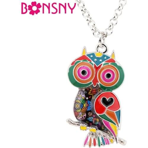 Bonsny Statement Enamel Alloy Owl Bird Necklace Pendant Sweater Chains Choker Novelty Animal Jewelry For Women Girls Gift Bijoux
