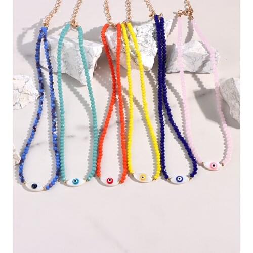 Ins Handmade Beaded Evil Eye Shell Necklace For Women Colored Crystal Glass Bead Strand Natural Shell Necklaces Summer Jewelry