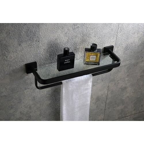 Bathroom Shelves Stainless Steel Shower Gel Glass Frame With Towel Rack Nail-free Simple TowelRack Storage For Soap Black