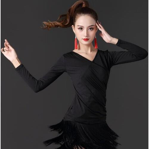 New Latin Dance Clothes Womens Autumn And Winter New Long-sleeved Ballroom Dancing Shirts Solid Color V-neck Tango Modern Women