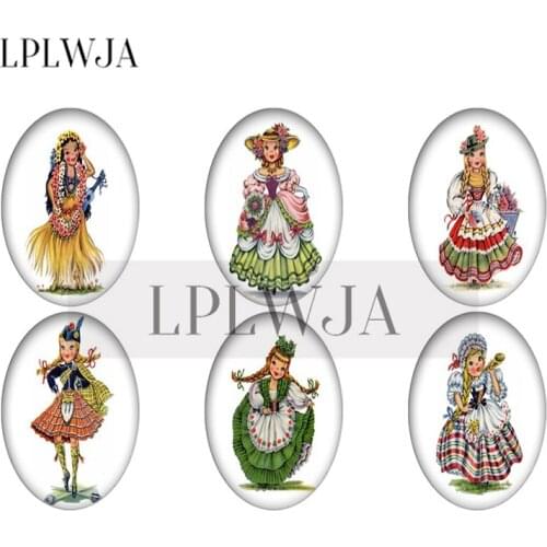 LPLWJA 18x25mm,30x40mm Mexican English France Germany Girl Oval Shape Glass Cabochon Photo Flatback Beads Jewelry Accessories