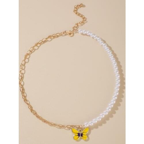 Tocona Luxury Pearl Stone Butterfly Chain Choker Necklace for Women Gold Color Alloy Metal Pretty Clavicle Jewelry 15556