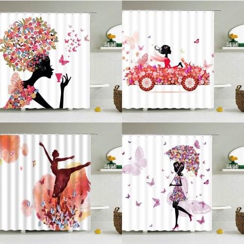 Flower Butterfly Girl Shower Curtain Waterproof Bathroom lovely Woman Fairy Shower Curtain Polyester Cloth Home Decor Hook