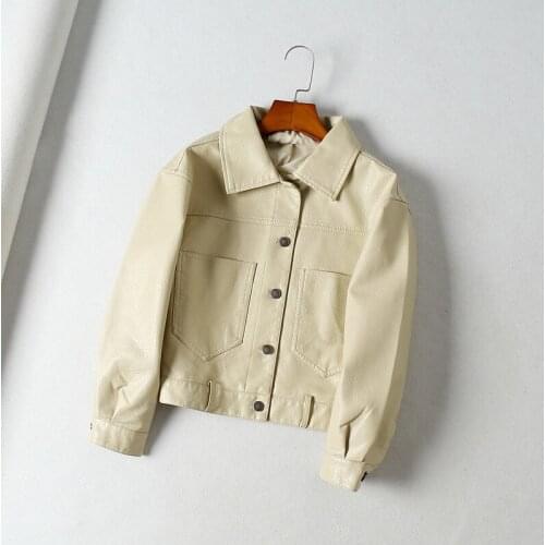 Autumn 2021 Green Soft Faux PU Leather Jacket Single-breasted Slim Big Pocket Women Long Sleeve Biker Jacket Female Abrigo Mujer