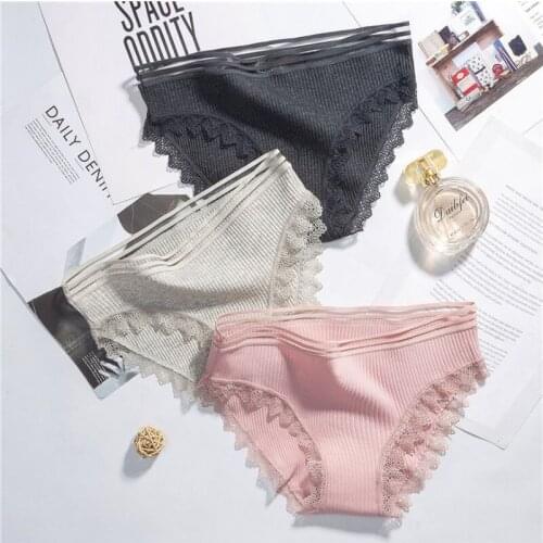 Ladies Pure Color Cotton Panties Underwear Women Mid Size Seamless Daily Panties Briefs Low-Waisted Breathable Lace Panties