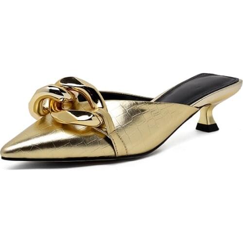 Kmeioo women genuine leather pointed Toe Solid Gingham high heel Metal Buckle Slippers Summer Fashion Slip On causal sandals 4cm