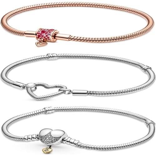 Authentic 925 Sterling Silver Bracelet Moments Heart Closure Snake Chain Bracelet Fit Women Bead Charm Diy Fashion Jewelry