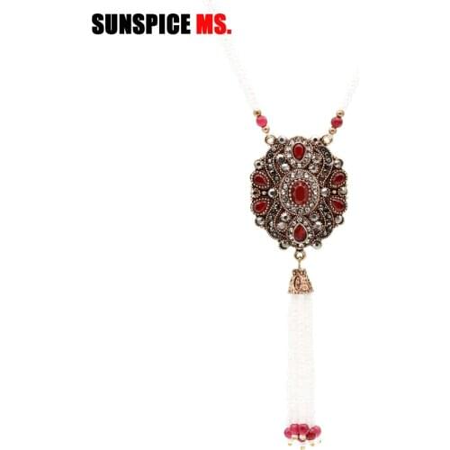 SUNSPICE-MS Vintage Long African Beads Necklace For Women Sweater Chain Antique Gold Color Turkish bridal Ethnic Resin Jewelry