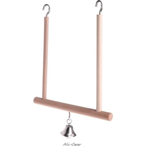 Birds Perch Parrot Play Toys Stand Holder natural Wooden Swing Bell Cage Hanging