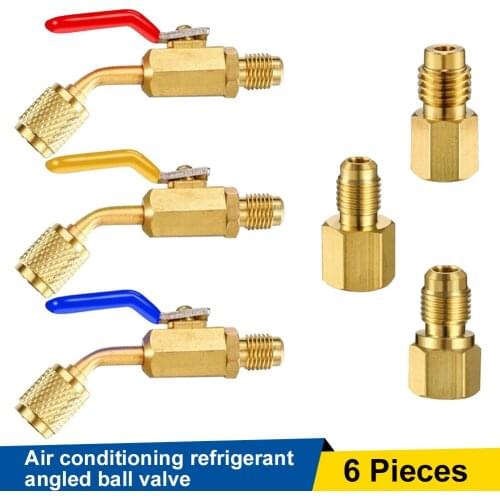 6 Pieces Air Conditioning Refrigerant Angled Compact Ball Valve 1/4 Inch for Refrigerant Tank Adapter 6014 Vacuum Pump Adapter