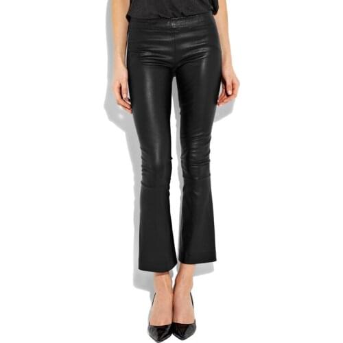 High Waist Trousers for Women 100% Sheepskin Leather Pants Female Black Flare Pants Spring 2021 Pantalones De Mujer Pph4082
