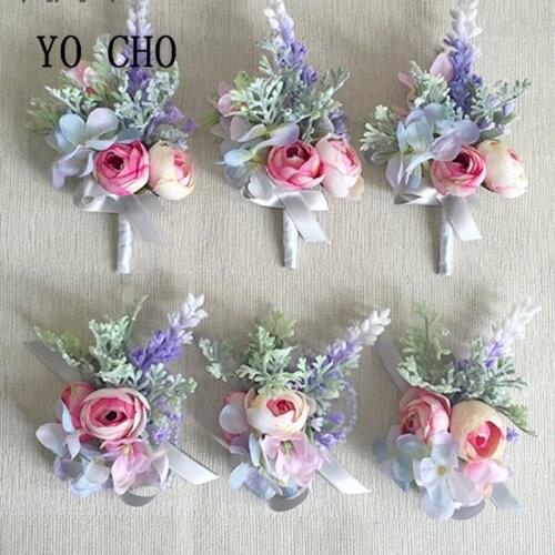 YO CHO Orchid Wedding Grooms Buttonhole Lapel Pin Flower Boutonniere Bride Bracelet Prom Accessories Party Purple Wrist Corsages