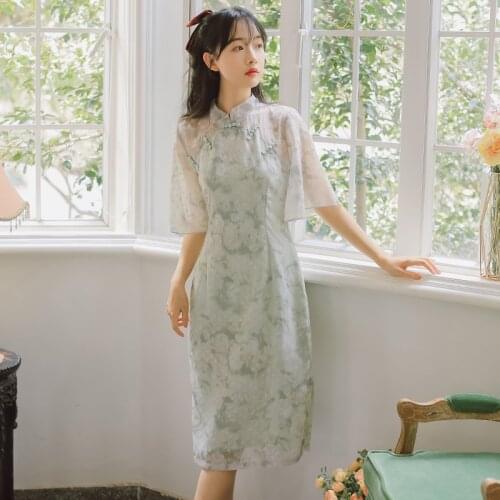 Retro Improved Cheongsam Dress Women Young Cheongsam Summer 2021 Literary Sweet Girl Elegant Temperament Cheongsam Vestidos